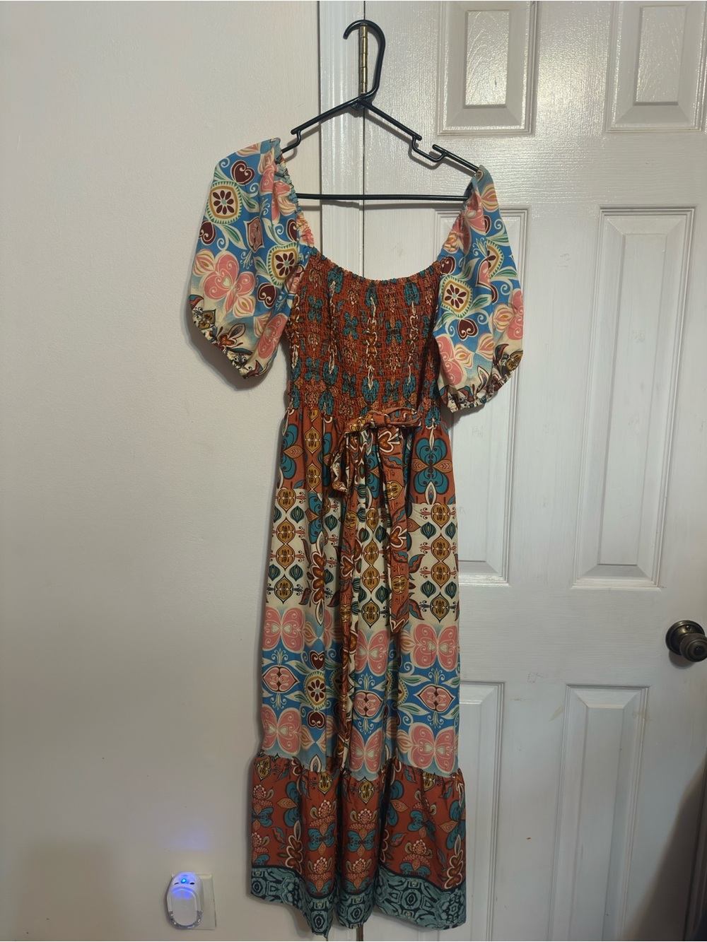 Floral Tile Print Maxi Dress with Smocked Bodice